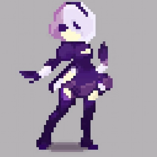 Digital illustration of 2B from NieR Automata, featuring detailed character anatomy and atmospheric lighting in grayscale tones