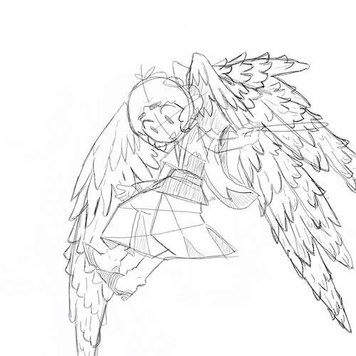 Original character design of Aeon Angel, depicting an angel character in a comedic earthly setting with expressive pose and detailed costume design