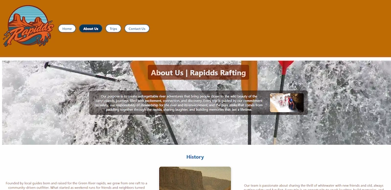 Screenshot of Rapidds Rafting website homepage featuring hero image, navigation menu, and welcome content